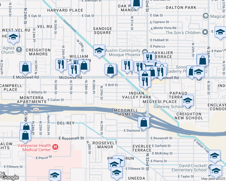 map of restaurants, bars, coffee shops, grocery stores, and more near 2922 East Culver Street in Phoenix