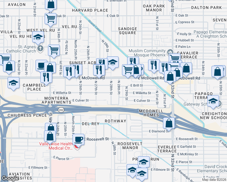 map of restaurants, bars, coffee shops, grocery stores, and more near 1322 North 28th Street in Phoenix