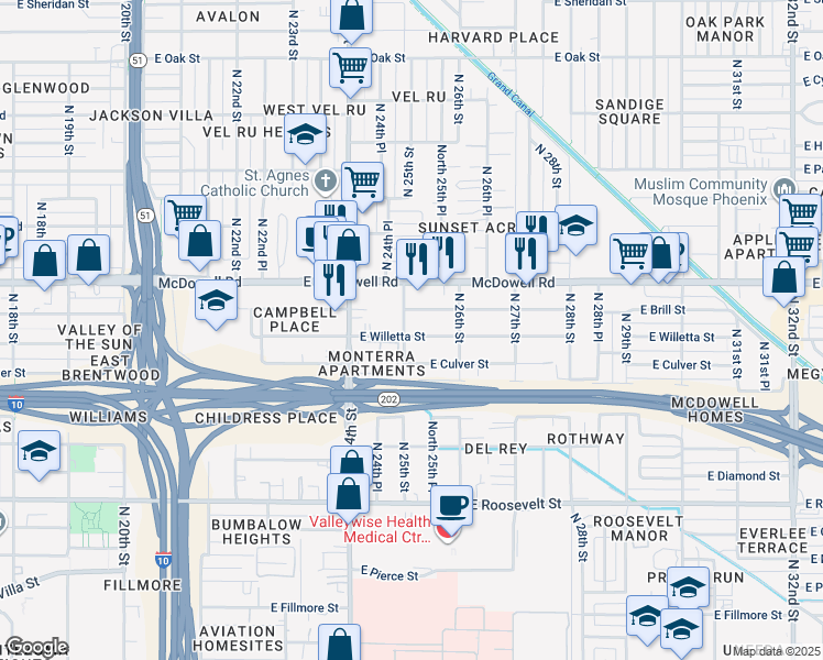 map of restaurants, bars, coffee shops, grocery stores, and more near 2512 East Culver Street in Phoenix