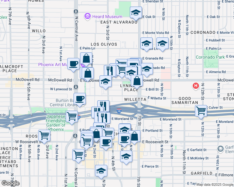map of restaurants, bars, coffee shops, grocery stores, and more near 331 East Willetta Street in Phoenix