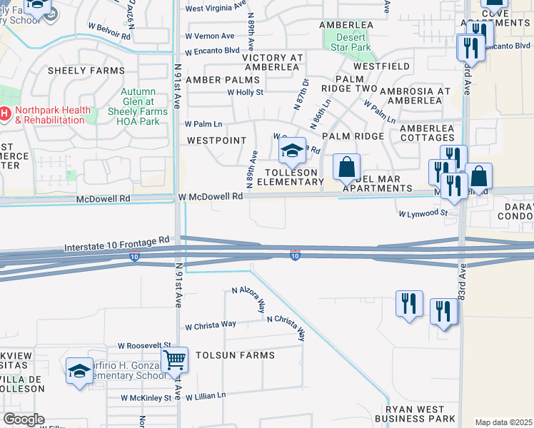 map of restaurants, bars, coffee shops, grocery stores, and more near Papago Freeway in Tolleson