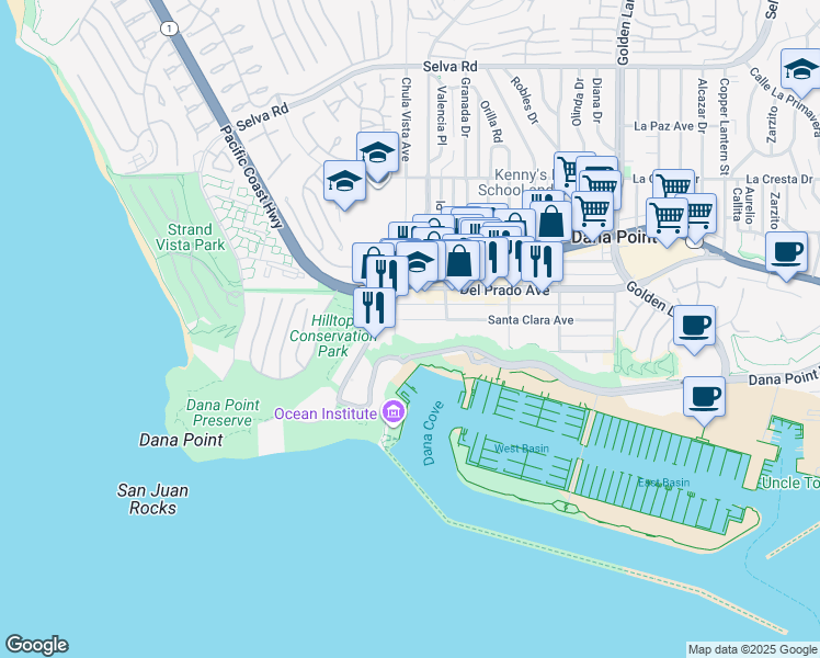map of restaurants, bars, coffee shops, grocery stores, and more near 24242 Santa Clara Avenue in Dana Point