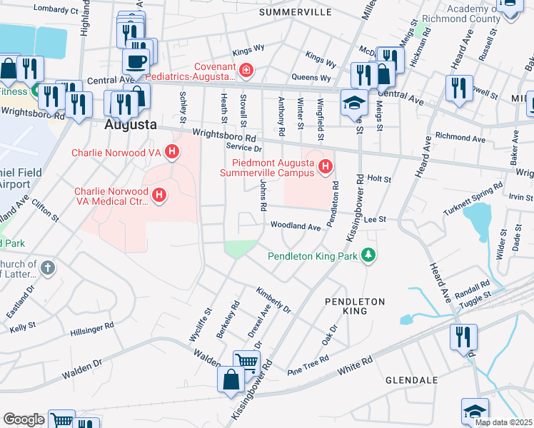 map of restaurants, bars, coffee shops, grocery stores, and more near 2224 Woodland Avenue in Augusta