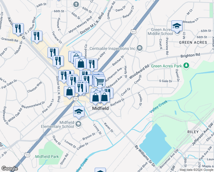 map of restaurants, bars, coffee shops, grocery stores, and more near 1404 Woodward Road in Birmingham