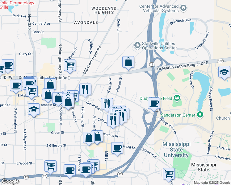 map of restaurants, bars, coffee shops, grocery stores, and more near in Starkville