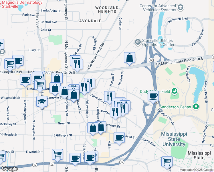 map of restaurants, bars, coffee shops, grocery stores, and more near 101-199 North Nash Street in Starkville