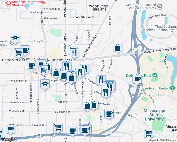 map of restaurants, bars, coffee shops, grocery stores, and more near 98 Hartness Street in Starkville