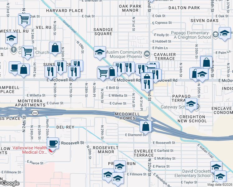 map of restaurants, bars, coffee shops, grocery stores, and more near 3002 East Culver Street in Phoenix