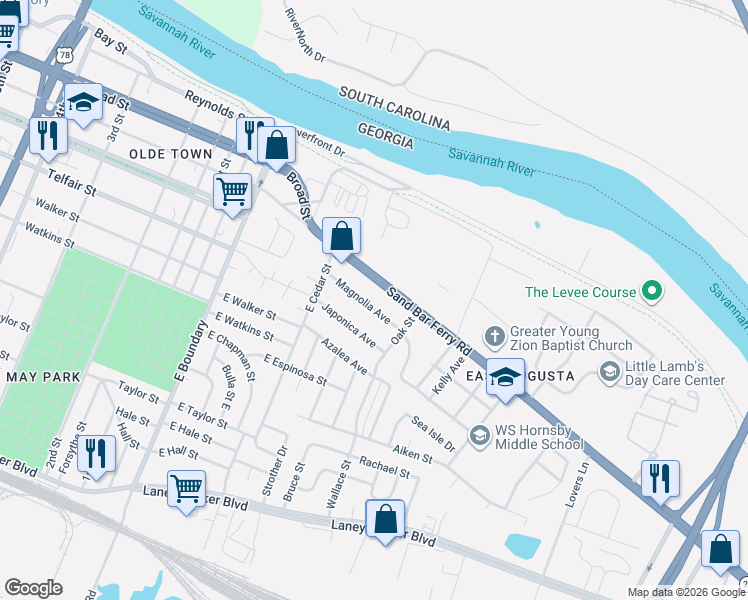 map of restaurants, bars, coffee shops, grocery stores, and more near 234 Magnolia Avenue in Augusta