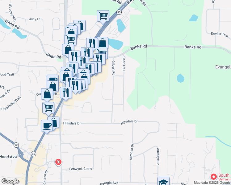 map of restaurants, bars, coffee shops, grocery stores, and more near 185 Gilbert Road in Fayetteville