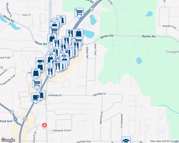 map of restaurants, bars, coffee shops, grocery stores, and more near 185 Gilbert Road in Fayetteville