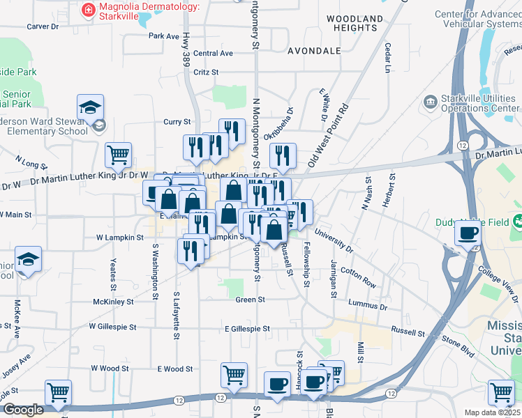 map of restaurants, bars, coffee shops, grocery stores, and more near 326 University Drive in Starkville