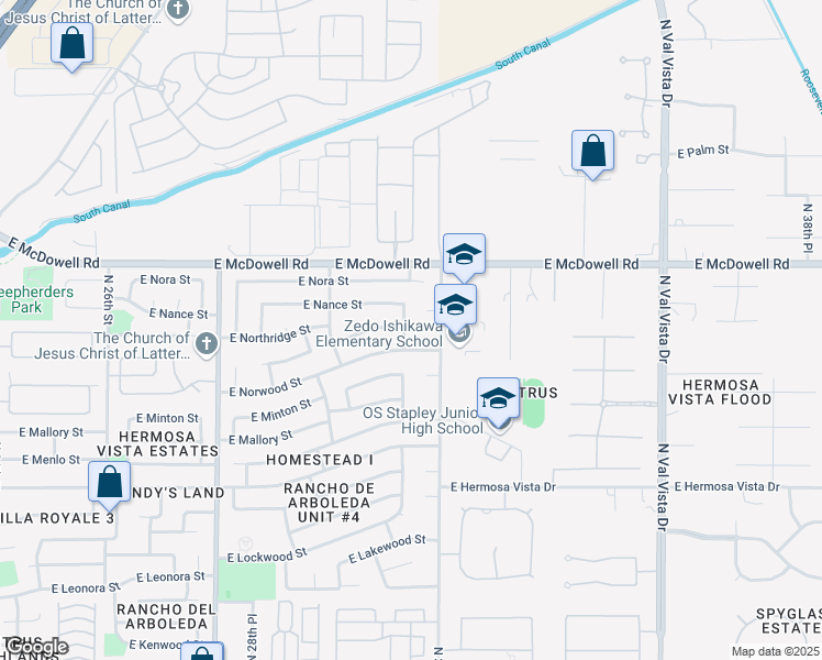 map of restaurants, bars, coffee shops, grocery stores, and more near 2635 North Loma Vista in Mesa