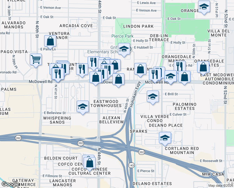 map of restaurants, bars, coffee shops, grocery stores, and more near 1510 North 46th Place in Phoenix