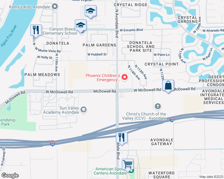 map of restaurants, bars, coffee shops, grocery stores, and more near 11551 West McDowell Road in Avondale