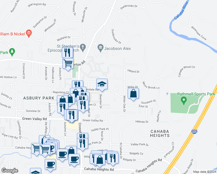 map of restaurants, bars, coffee shops, grocery stores, and more near 3887 Overton Manor Trail in Vestavia Hills