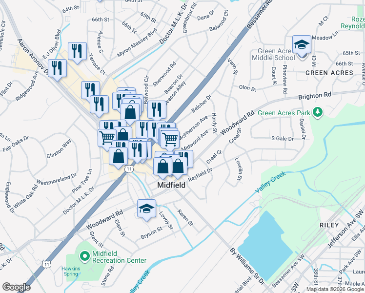 map of restaurants, bars, coffee shops, grocery stores, and more near 1404 Woodward Road in Birmingham