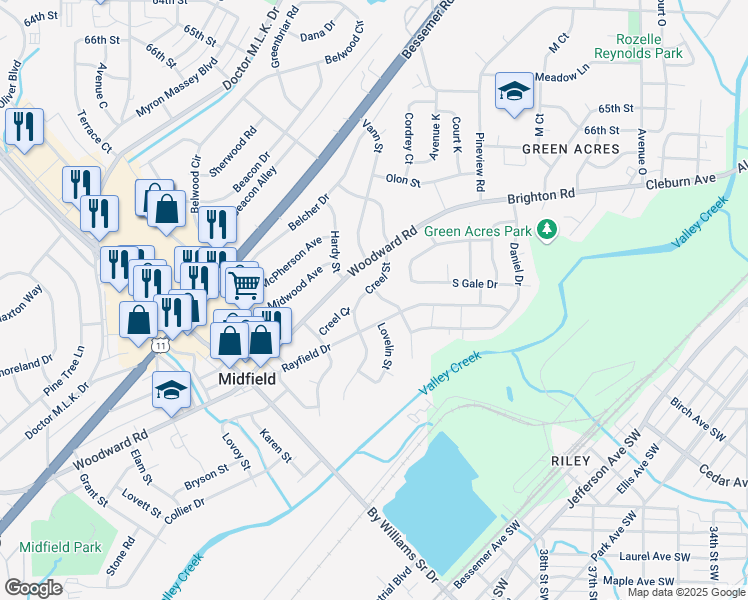 map of restaurants, bars, coffee shops, grocery stores, and more near 404 Midway Street in Midfield