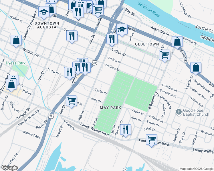 map of restaurants, bars, coffee shops, grocery stores, and more near 708 4th Street in Augusta