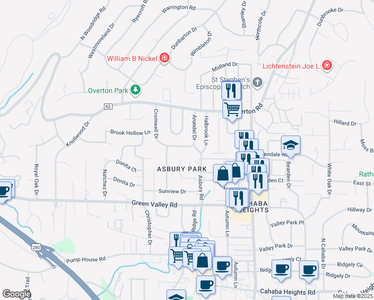 map of restaurants, bars, coffee shops, grocery stores, and more near 3825 Buckingham Lane in Birmingham