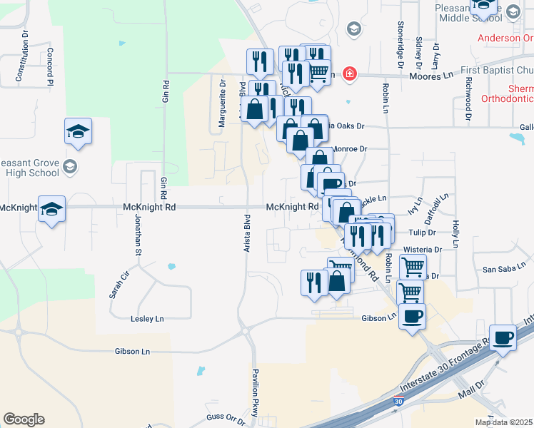 map of restaurants, bars, coffee shops, grocery stores, and more near 4321 McKnight Road in Texarkana