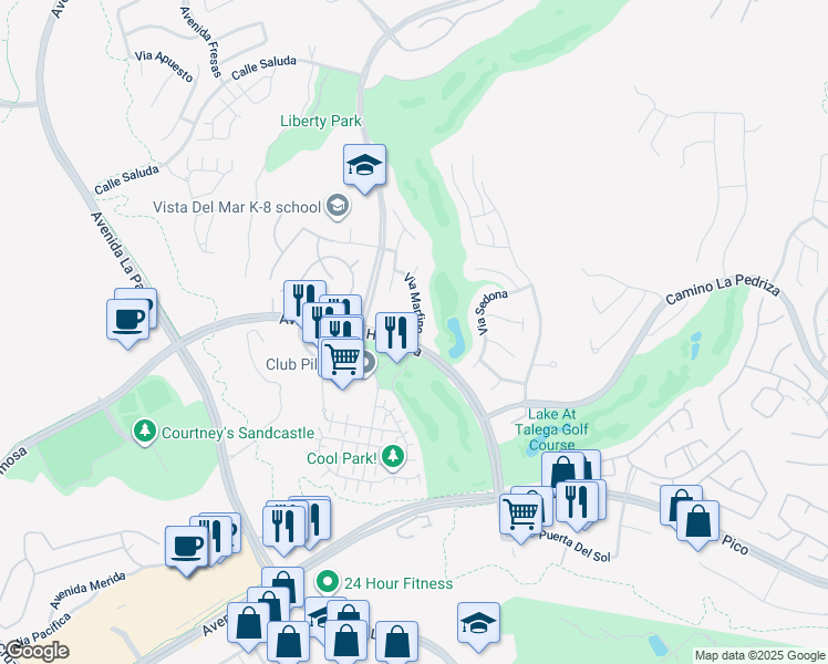map of restaurants, bars, coffee shops, grocery stores, and more near 100 Via Monte Picayo in San Clemente