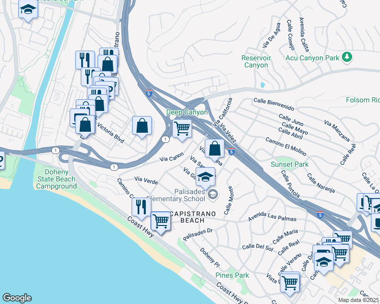 map of restaurants, bars, coffee shops, grocery stores, and more near 26385 Via California in Dana Point