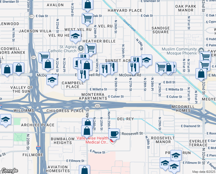 map of restaurants, bars, coffee shops, grocery stores, and more near 2504 East Brill Street in Phoenix