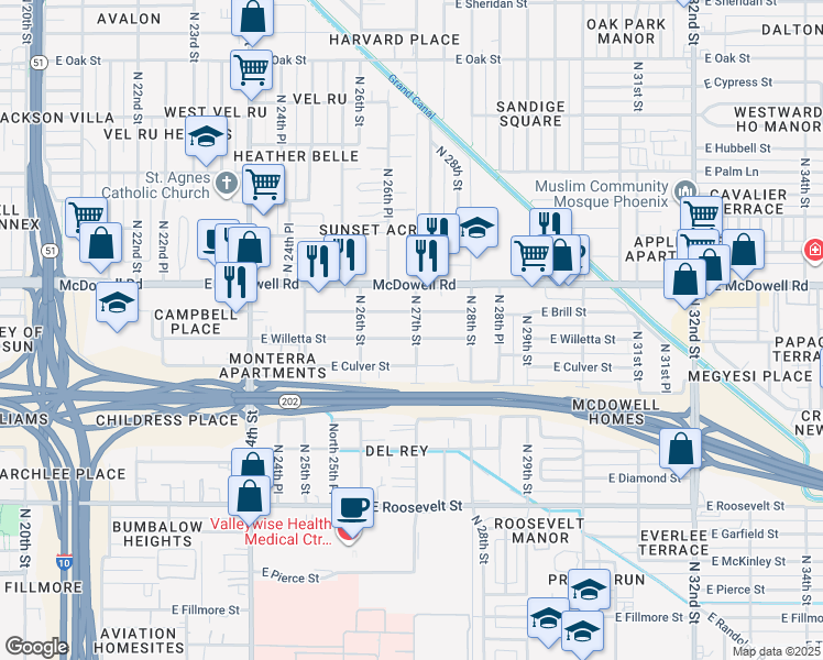 map of restaurants, bars, coffee shops, grocery stores, and more near 2626 East Brill Street in Phoenix