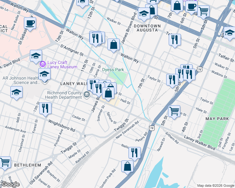map of restaurants, bars, coffee shops, grocery stores, and more near 1014-1016 8th Street in Augusta