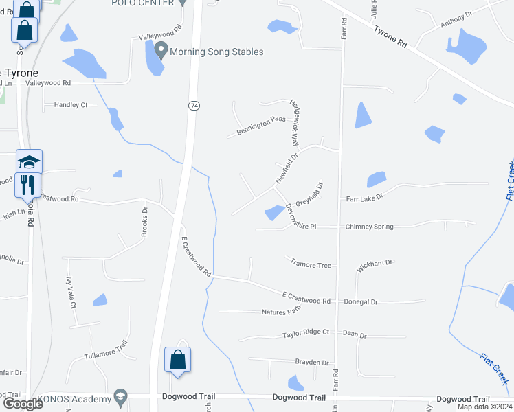 map of restaurants, bars, coffee shops, grocery stores, and more near 230 Newfield Drive in Tyrone
