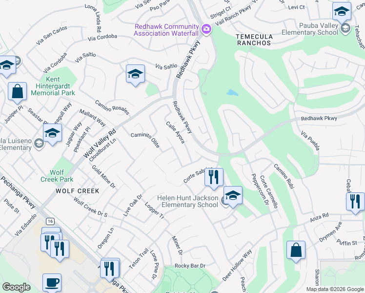 map of restaurants, bars, coffee shops, grocery stores, and more near 45703 Calle Ayora in Temecula