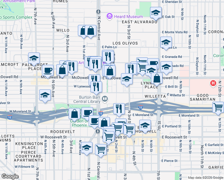 map of restaurants, bars, coffee shops, grocery stores, and more near 1425 North 1st Street in Phoenix