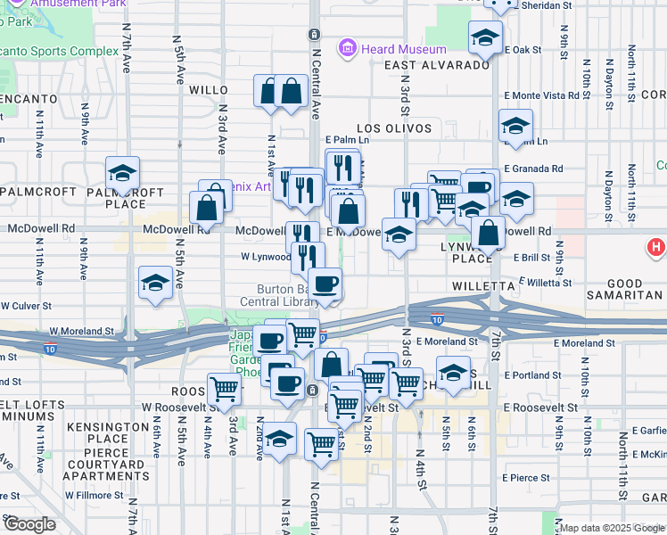 map of restaurants, bars, coffee shops, grocery stores, and more near 1425 North 1st Street in Phoenix