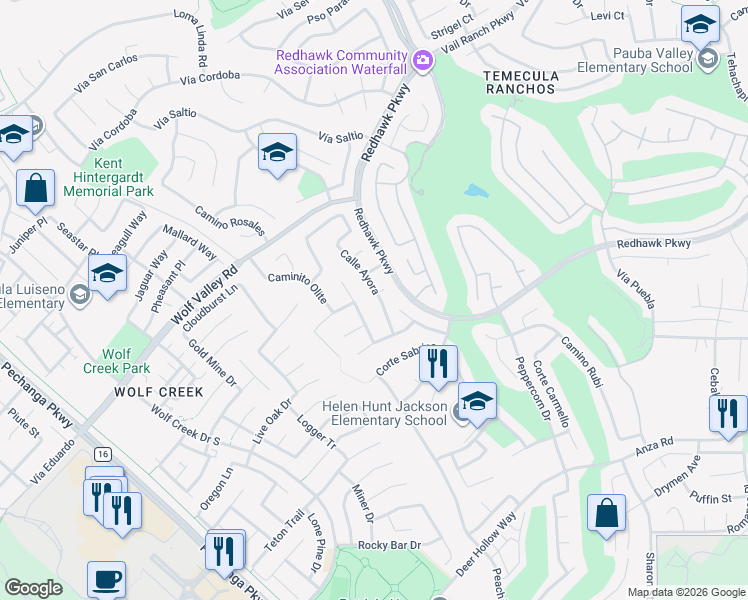 map of restaurants, bars, coffee shops, grocery stores, and more near 45703 Calle Ayora in Temecula