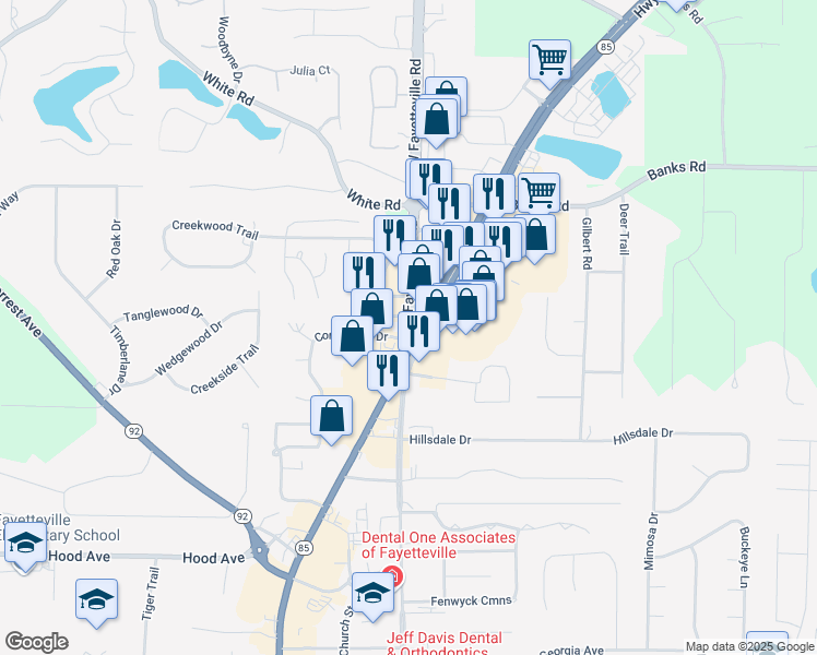 map of restaurants, bars, coffee shops, grocery stores, and more near 72 West Fayetteville Road in Fayetteville