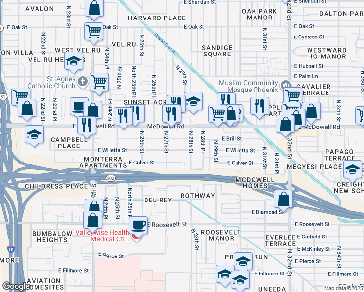 map of restaurants, bars, coffee shops, grocery stores, and more near 2714 East Brill Street in Phoenix