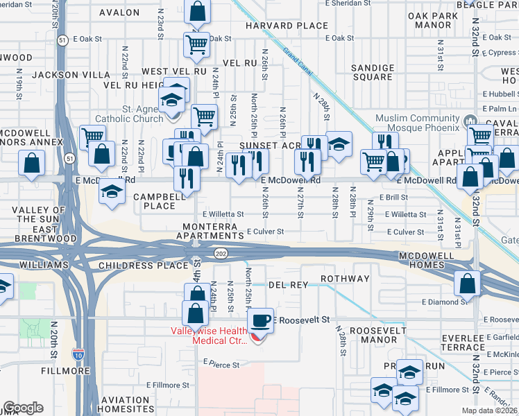 map of restaurants, bars, coffee shops, grocery stores, and more near 2546 East Brill Street in Phoenix
