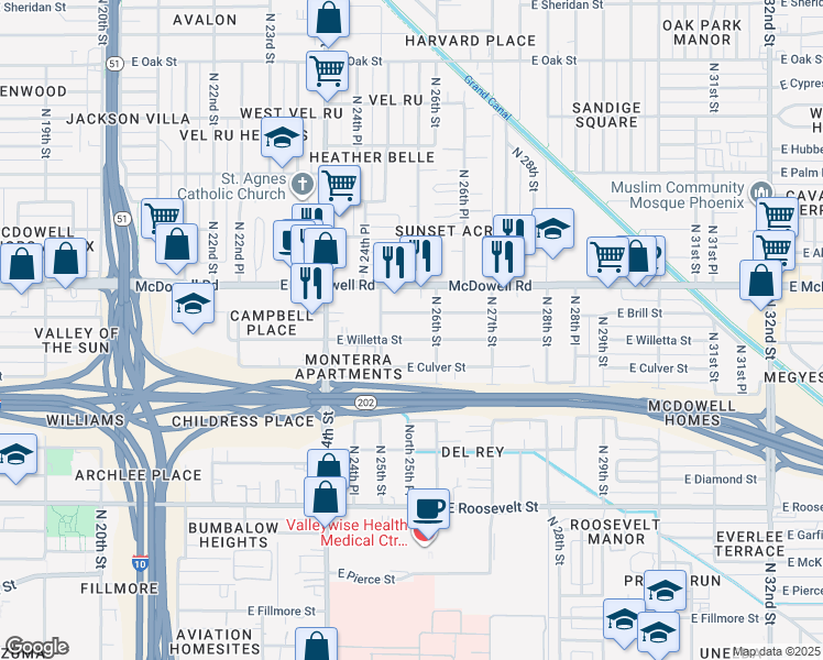 map of restaurants, bars, coffee shops, grocery stores, and more near 2504 East Brill Street in Phoenix