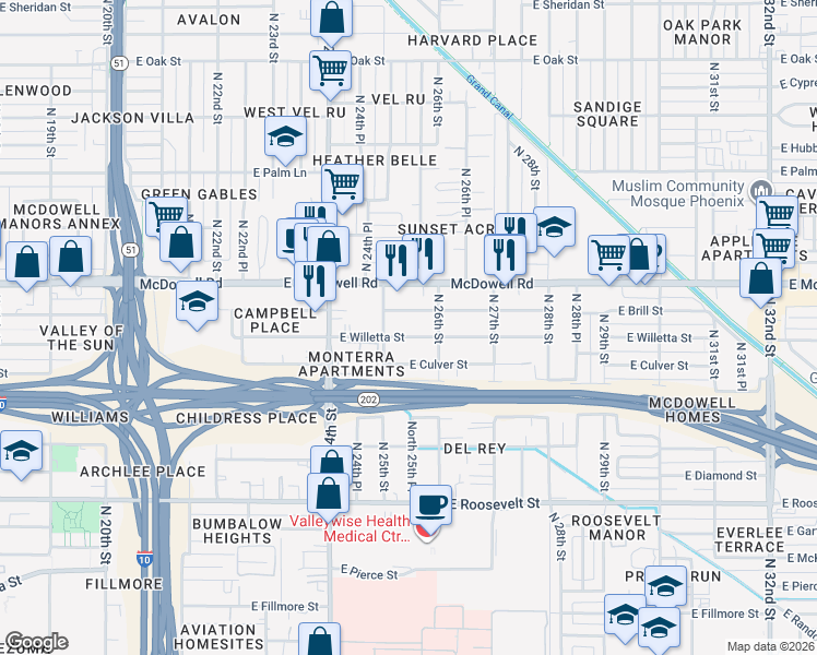 map of restaurants, bars, coffee shops, grocery stores, and more near 2504 East Brill Street in Phoenix