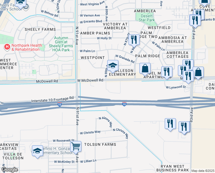 map of restaurants, bars, coffee shops, grocery stores, and more near 9085-9089 W McDowell Rd in Tolleson