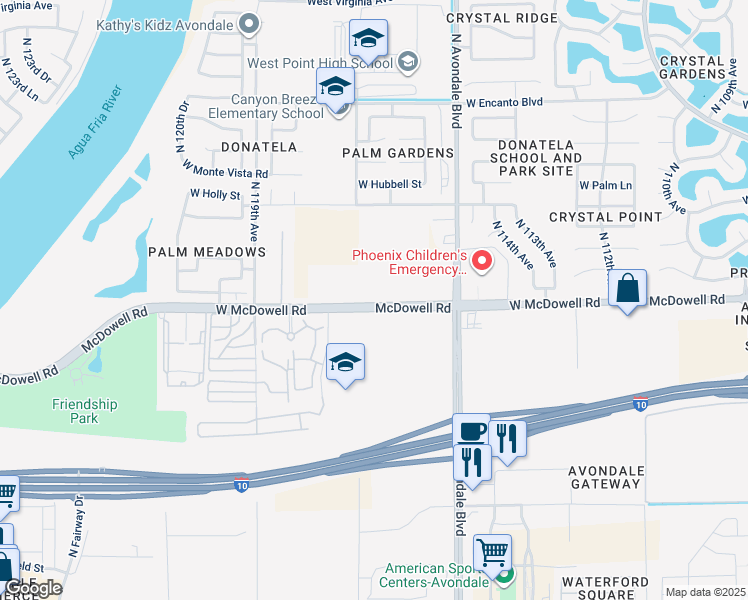 map of restaurants, bars, coffee shops, grocery stores, and more near 11630 West McDowell Road in Avondale