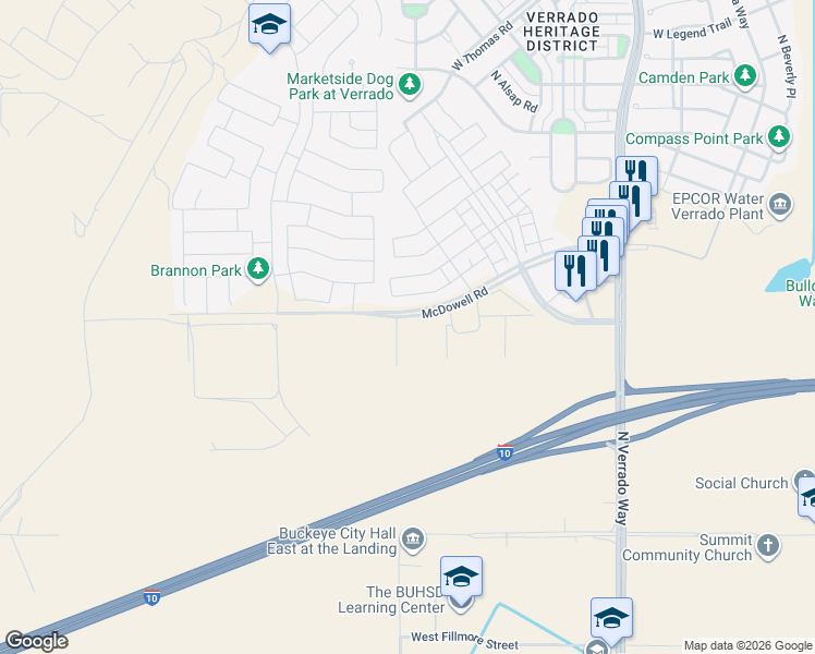 map of restaurants, bars, coffee shops, grocery stores, and more near 21051 West Almeria Road in Buckeye