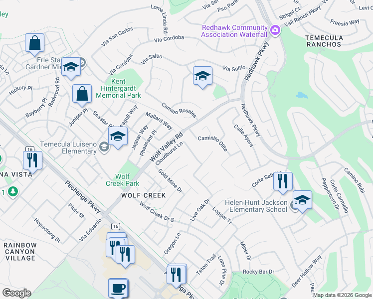 map of restaurants, bars, coffee shops, grocery stores, and more near 45714 Shasta Lane in Temecula