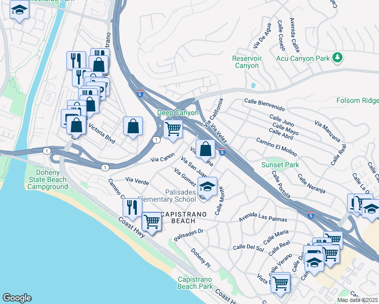 map of restaurants, bars, coffee shops, grocery stores, and more near 26392 Via Canon in Dana Point