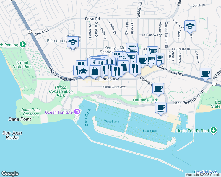 map of restaurants, bars, coffee shops, grocery stores, and more near 34270 Street of the Amber Lantern in Dana Point