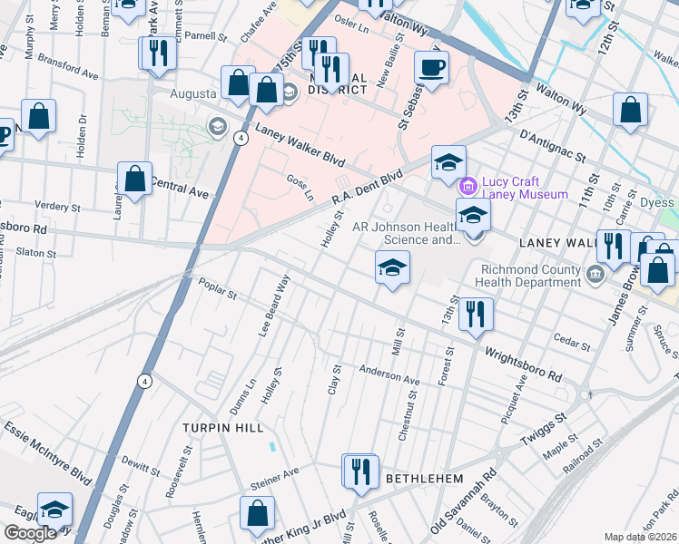 map of restaurants, bars, coffee shops, grocery stores, and more near 1307 Augusta Avenue in Augusta