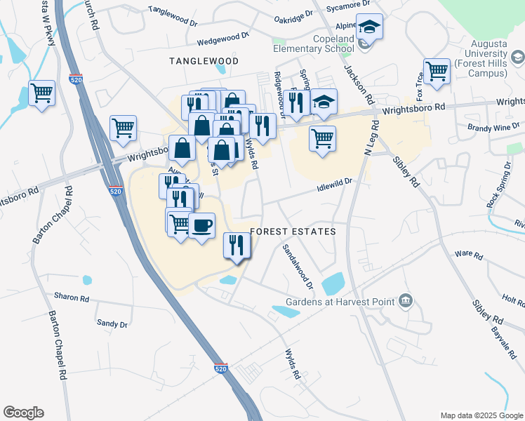 map of restaurants, bars, coffee shops, grocery stores, and more near in Augusta
