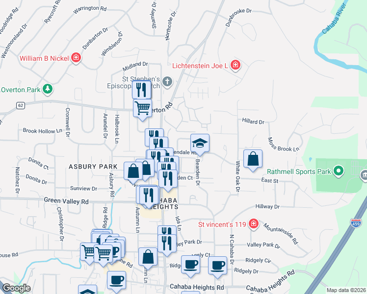 map of restaurants, bars, coffee shops, grocery stores, and more near 3220 Overton Manor Drive in Vestavia Hills
