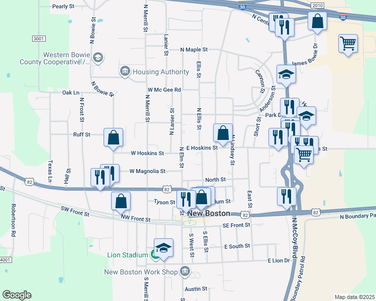 map of restaurants, bars, coffee shops, grocery stores, and more near 408 North Elm Street in New Boston